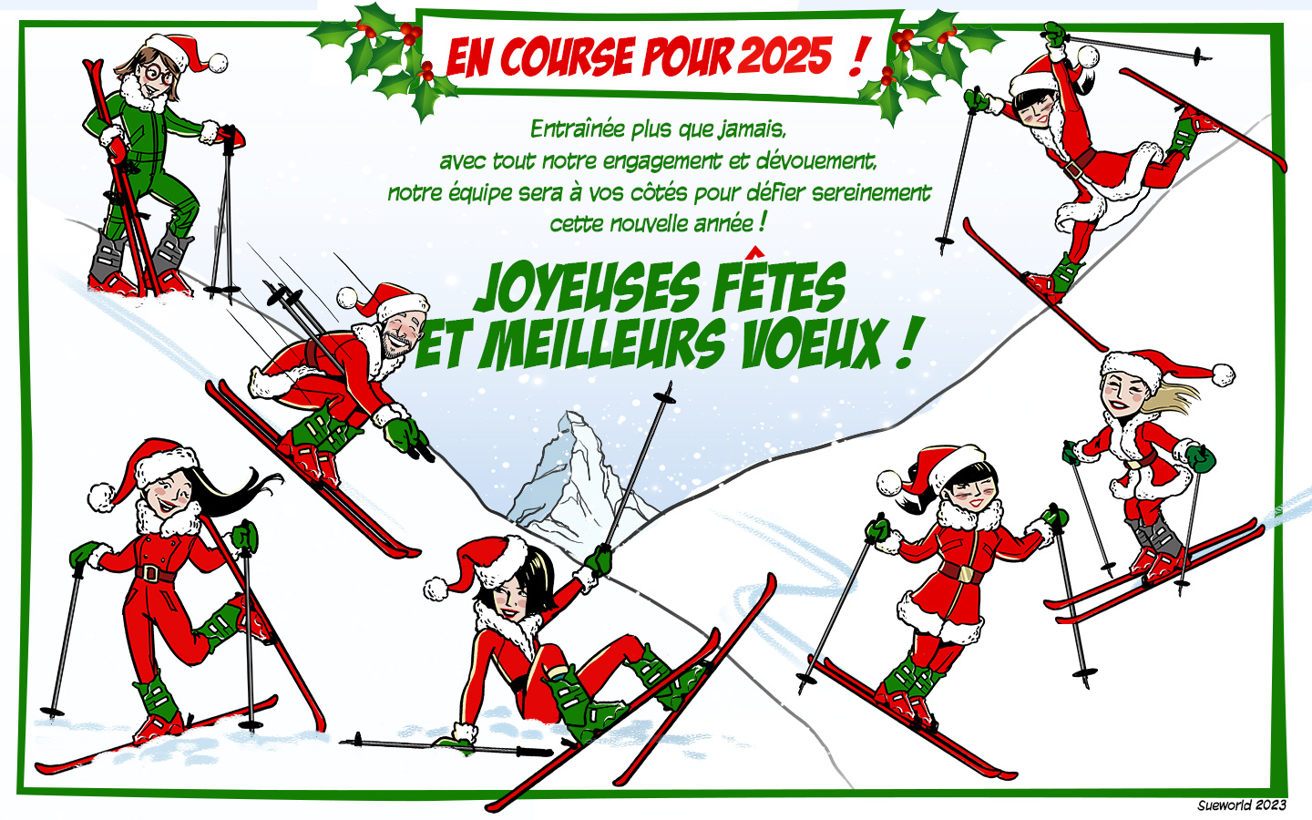 Carte festive de vœux représentant l’équipe de Helvetia Conseils et Révisions habillée en tenues de Père Noël, en train de skier sur des montagnes enneigées. Le texte principal, “En course pour 2025 !”.